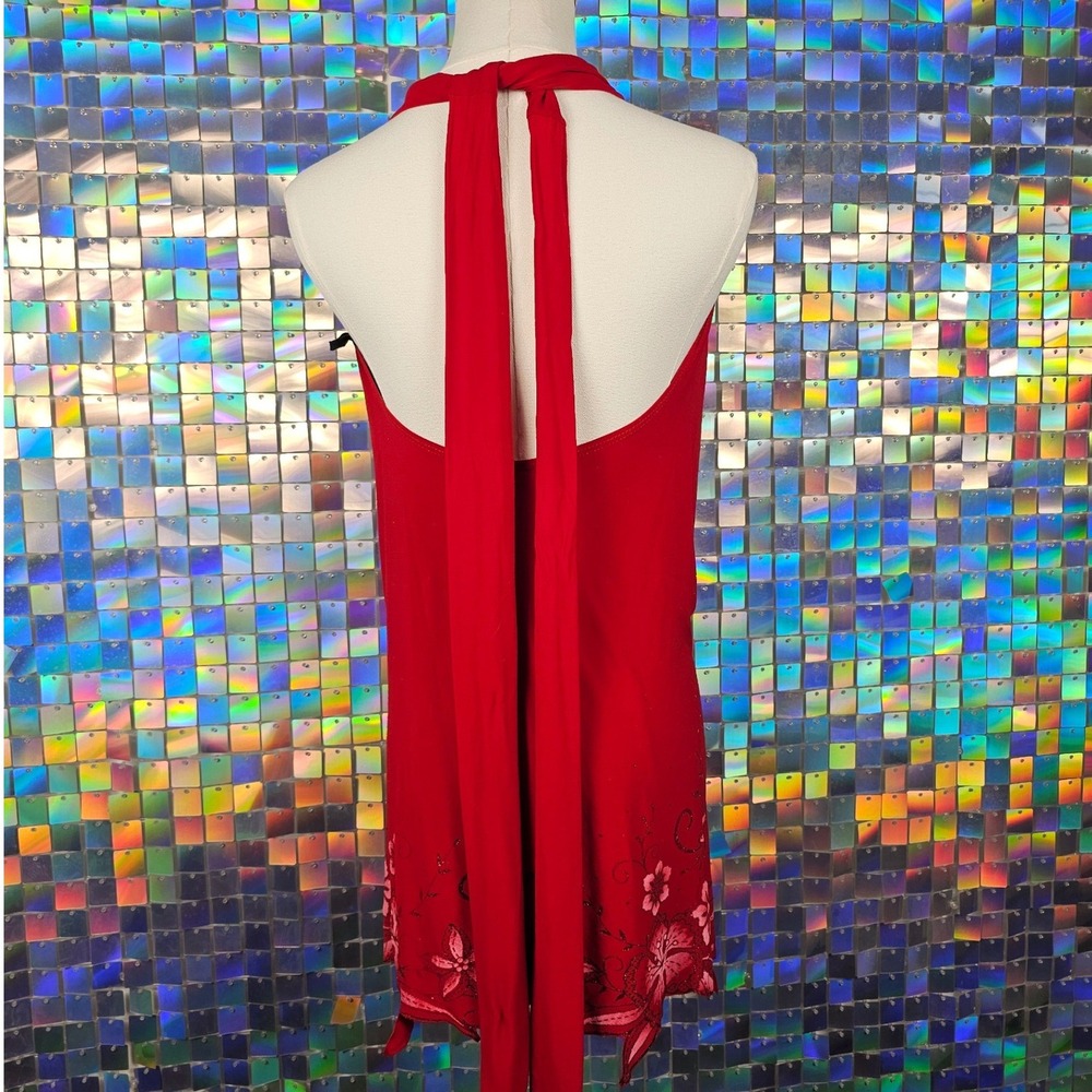 Halter Mini Dress Women Size M Red Excellent Floral Glitter Cowl Neck - Picture 6 of 10